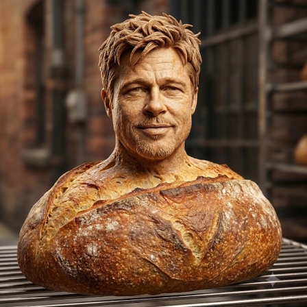 A heroic loaf of sourdough with Bread Pitt's face, crusted and gilded, staring into the distance like a leading man.