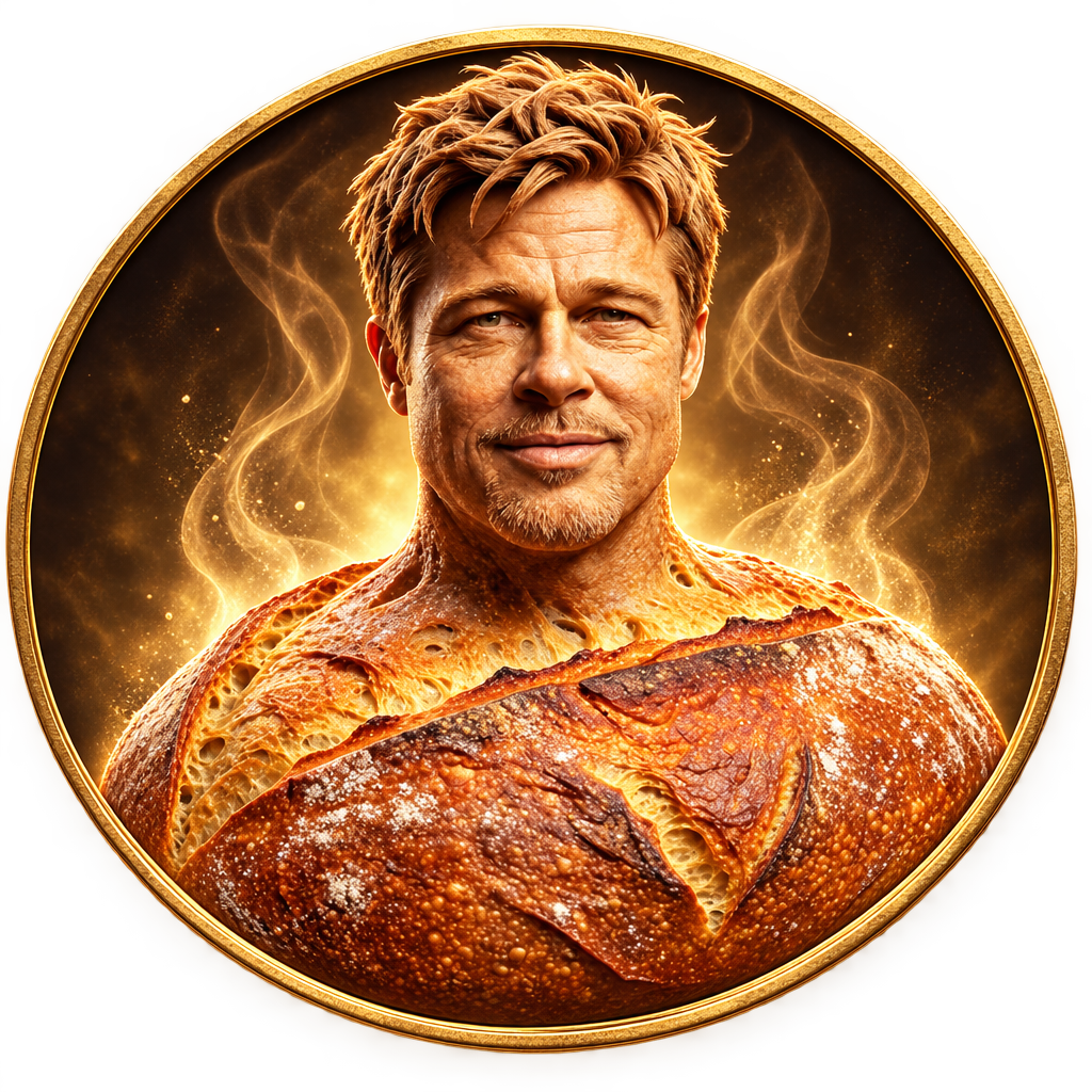 Round gilded medallion portrait of Bread Pitt, the coin's mark.