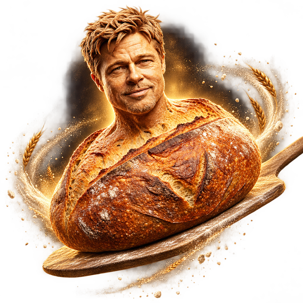 Bust illustration of Bread Pitt with a crusted torso, cut out against a plain field.
