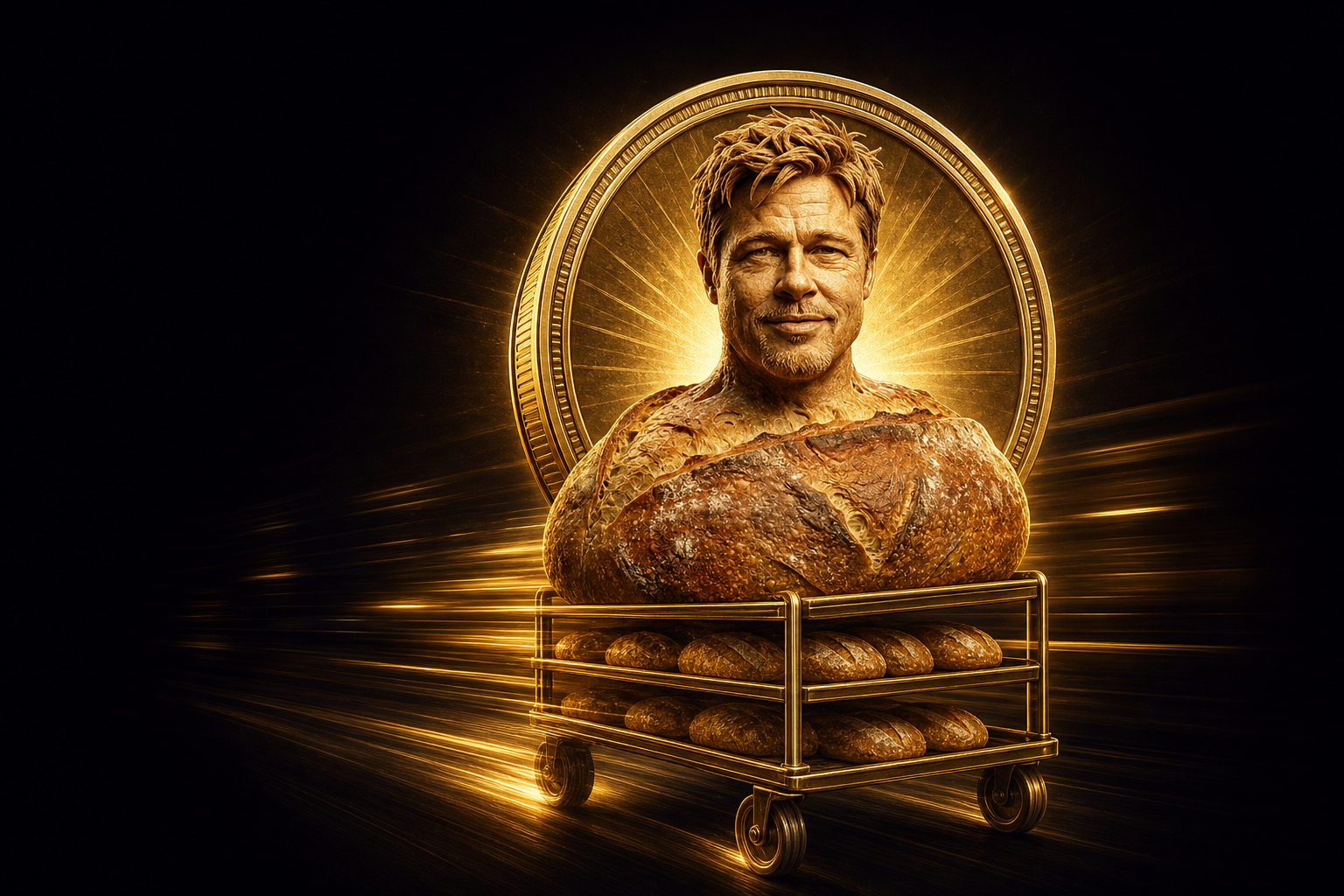Wide banner of Bread Pitt's crusted bust framed by a glowing coin, staged on a gilded bakery cart.
