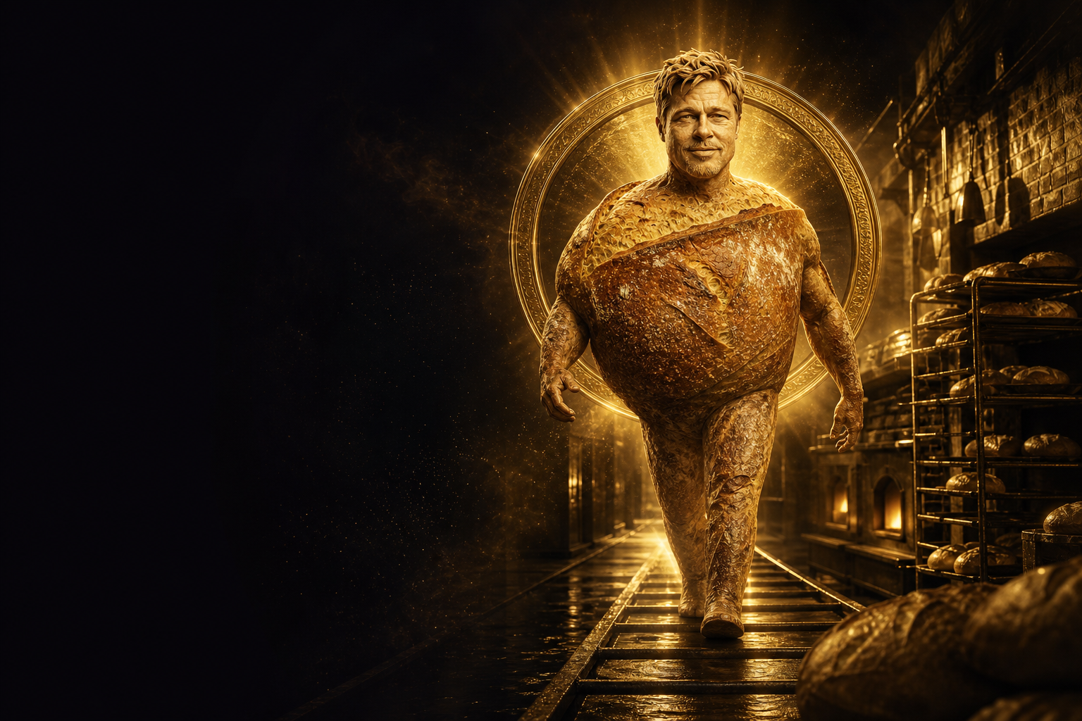 Full figure of Bread Pitt walking through a candlelit bakery, haloed in gold.